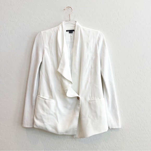 Vince Women's Drape Front Blazer Jacket Ribbed Knit Sleeves White One Button 0 - Picture 2 of 8